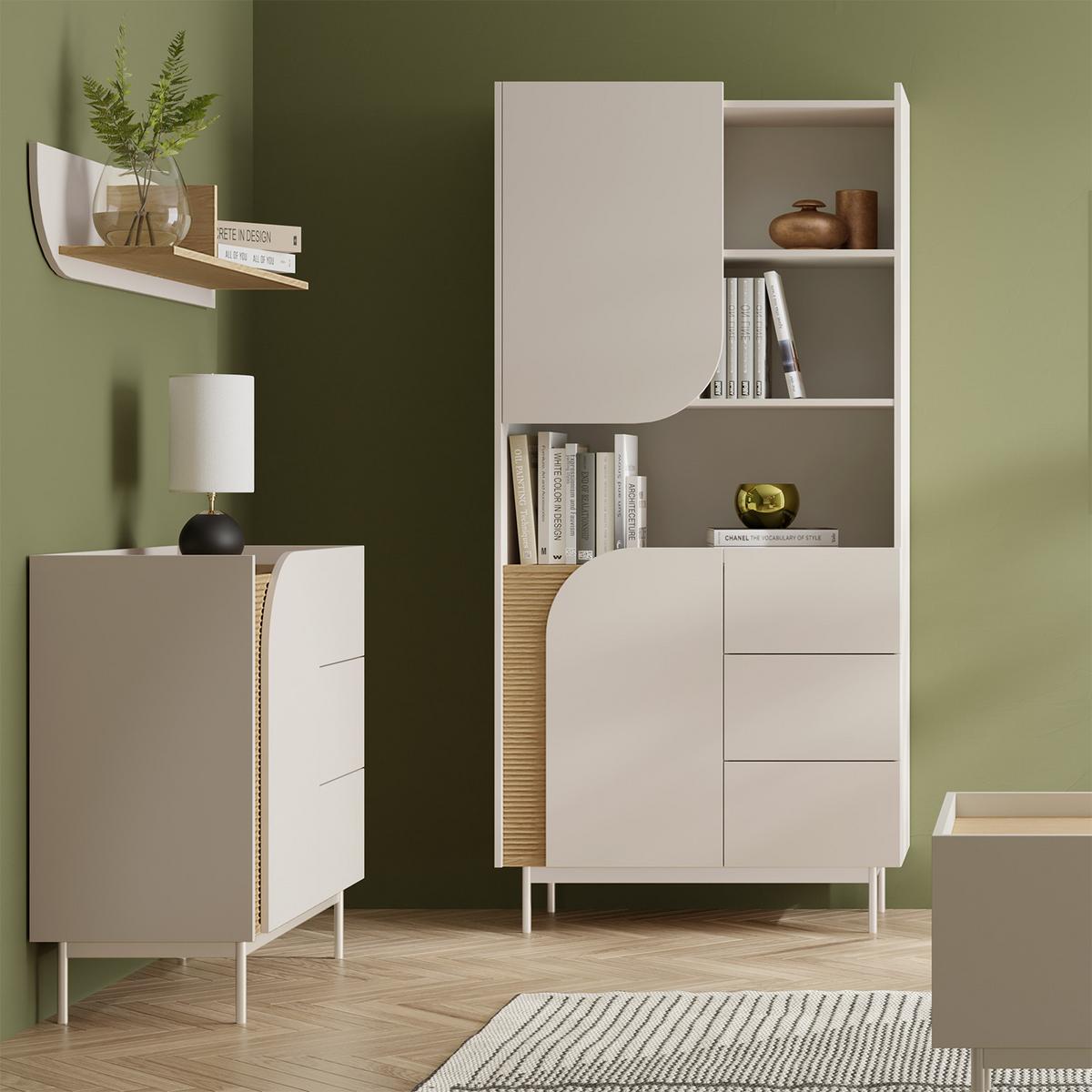 KOMMODE Camel mit 3 Schubladen, geriffeltem Detail, 130 cm, Frühlingseiche + Macadamia - Eichefarben/Beige, Holzwerkstoff/Metall (132/90/42cm) - Beautysofa