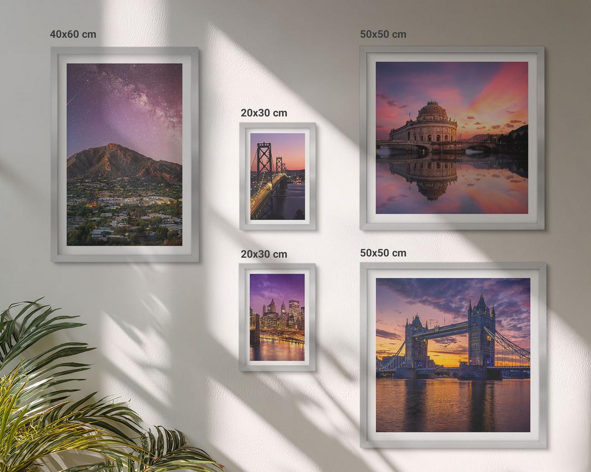 BILDER SET 5er Set - 50x50 cm & 20x30 cm & 40x60 cm Silberner Rahmen - Brücken, Sonne, Stadtblick - Silberfarben, Kunststoff (40/60cm) - TULUP
