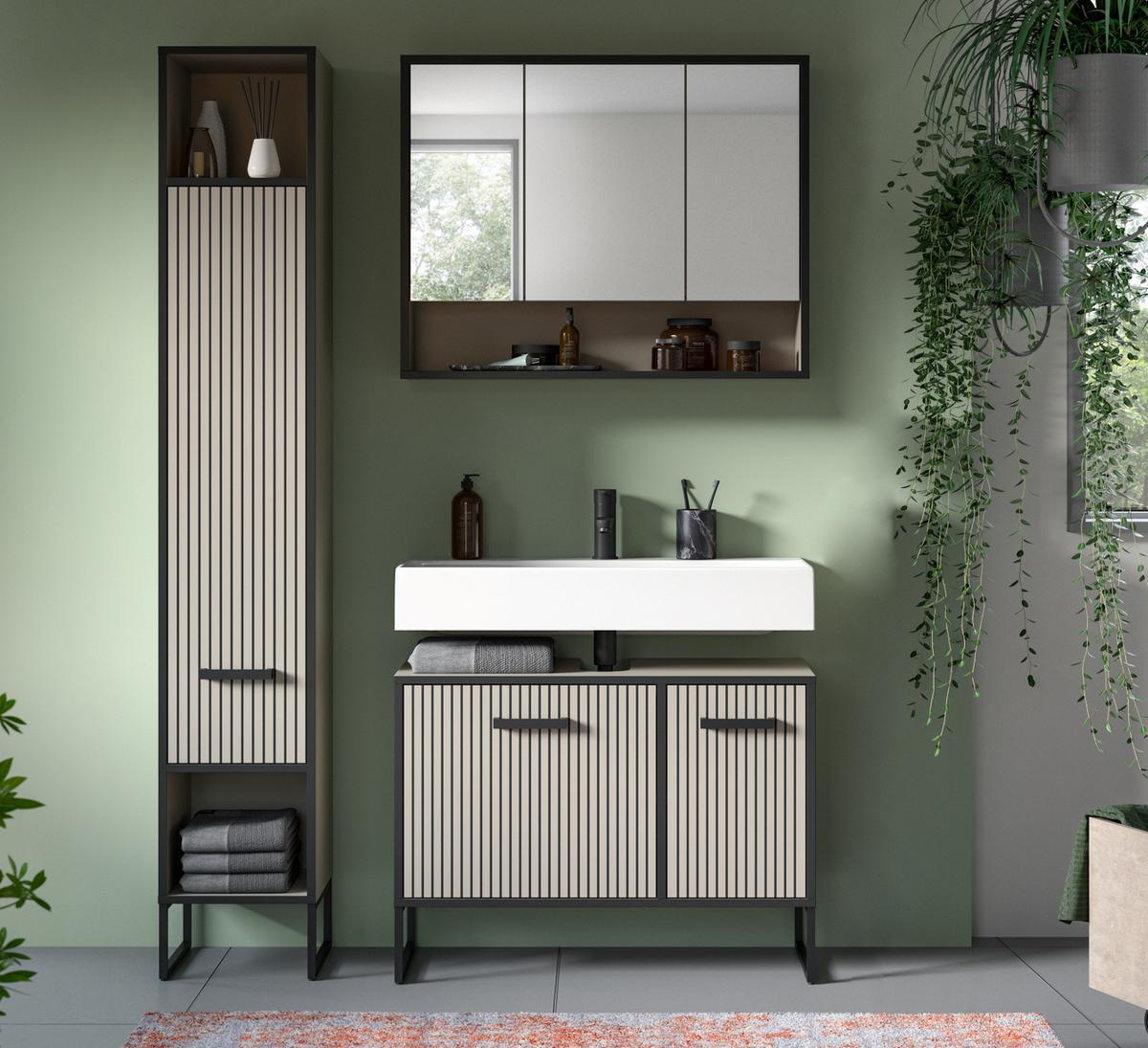 BADMÖBEL-SET 3-teilig Scana in schwarz, sand 125 cm, Kombination mit Soft-Close - Sandfarben/Schwarz, Glas/Holzwerkstoff (125/192/36cm) - Inn.Furn