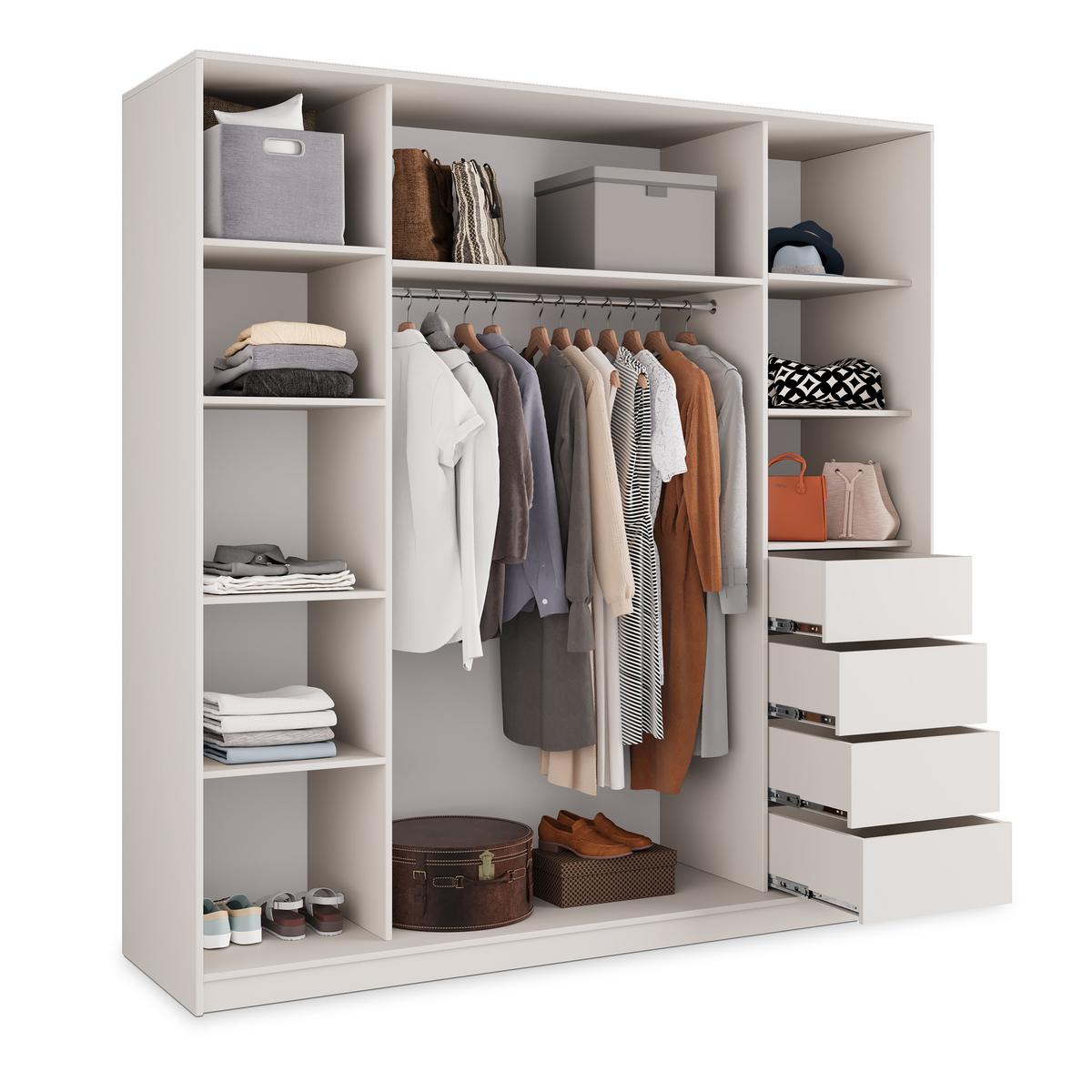 SCHWEBETÜRENSCHRANK PINA 180/205/58 cm 3-türig mit Spiegel und Schubladen Kaschmir - Kaschmir/Schwarz, Holzwerkstoff (180/205/58cm) - MASSENO