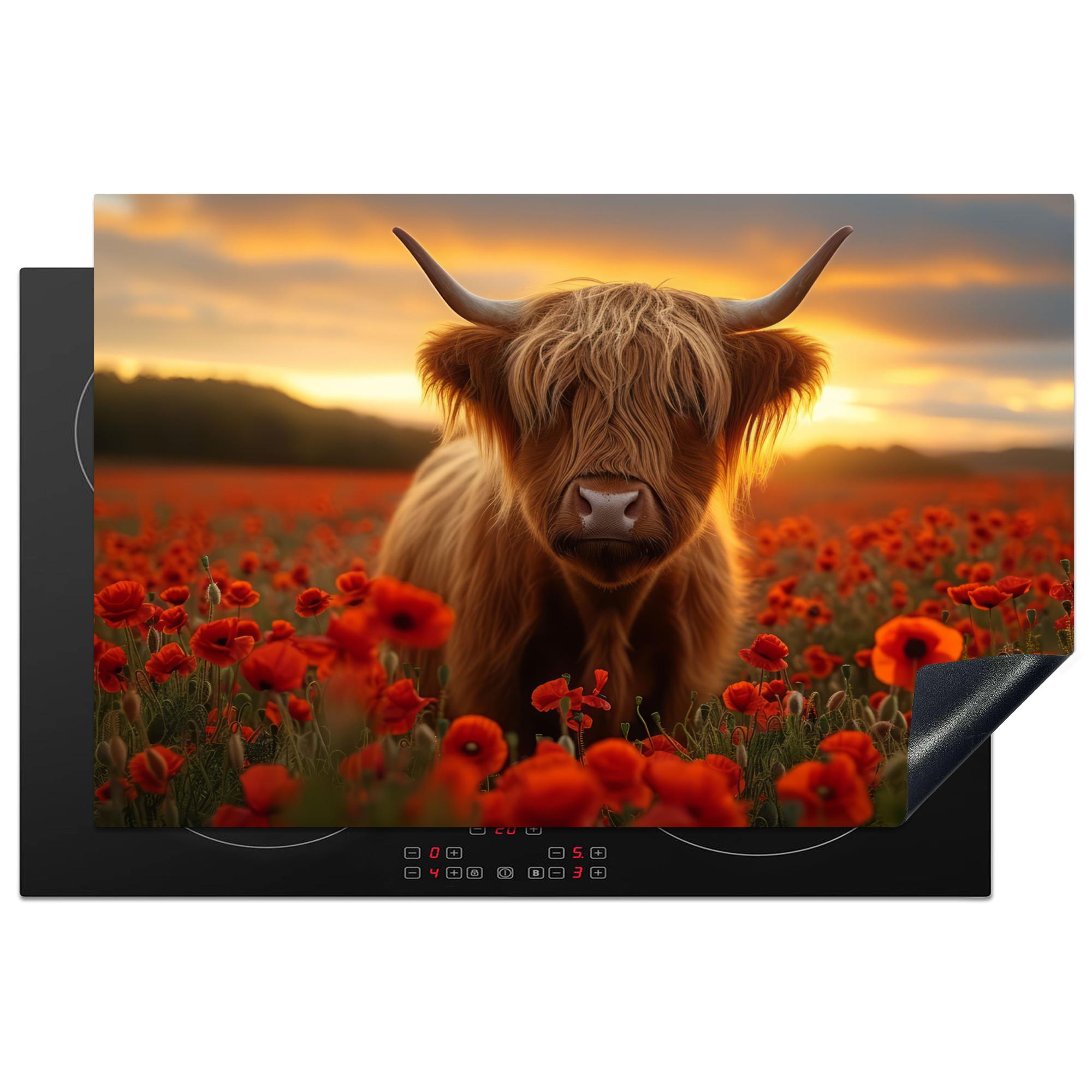 HERDABDECKPLATTE Schottische Highlander - Rosen - Blumenfeld - Sonnenuntergang Induktionsschutz 81.6x52.7 cm - Rotbraun, Kunststoff (81.6/52.7/0.2cm) - MuchoWow