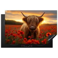 HERDABDECKPLATTE Schottische Highlander - Rosen - Blumenfeld - Sonnenuntergang Induktionsschutz 81.6x52.7 cm - Rotbraun, Kunststoff (81.6/52.7/0.2cm) - MuchoWow