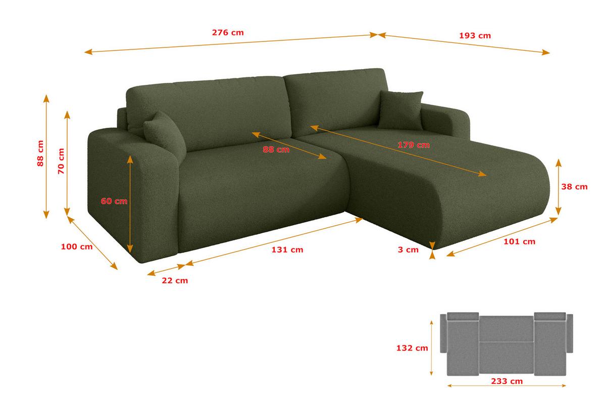 ECKSOFA mit Schlaffunktion Ottomane Rechts BERY-L 276x193x88 Grün Bouclé - Schwarz/Olivgrün, Holzwerkstoff/Kunststoff (276/193cm) - ALTDECOR