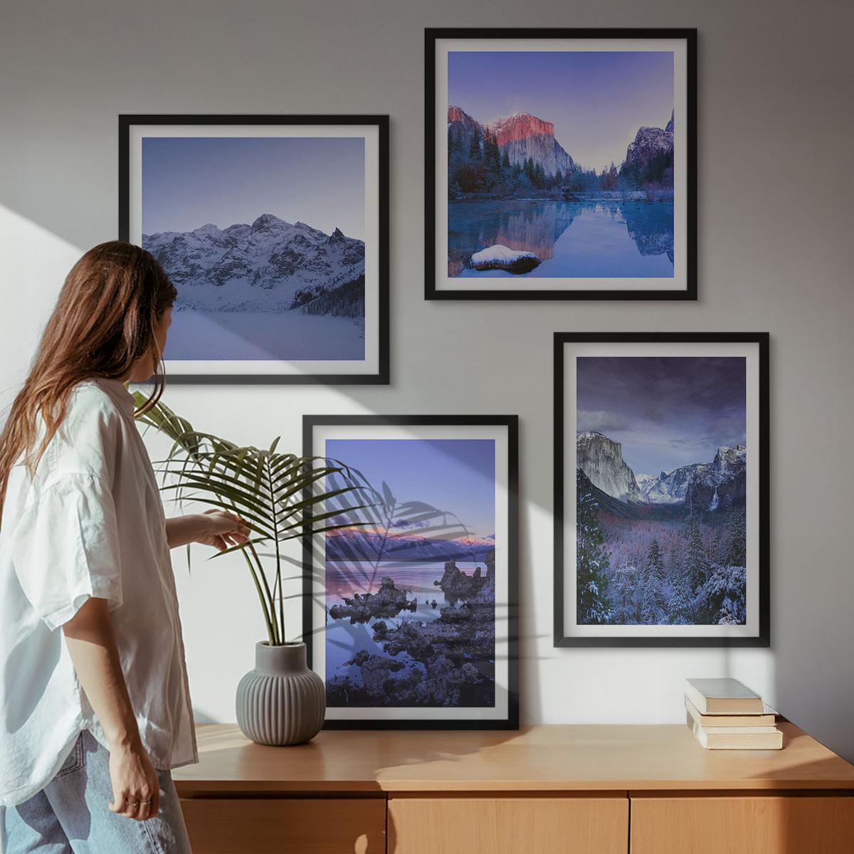 BILDER SET 4er Set - 50x50 cm & 40x60 cm Schwarzer Rahmen - Berglandschaften, Sonnenuntergang, Wasser - Schwarz, Kunststoff (50/50cm) - TULUP