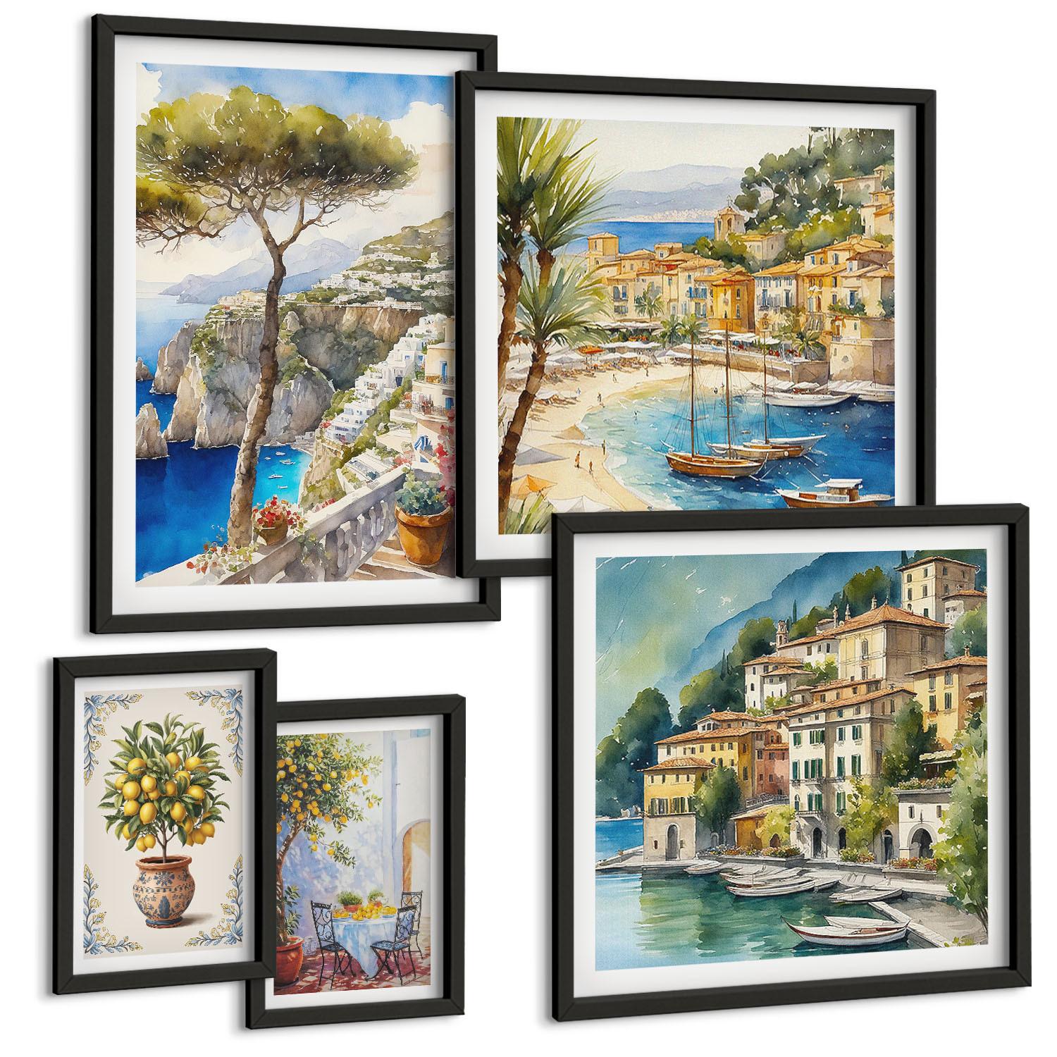 BILDER SET 5er Set - 50x50 cm & 20x30 cm & 40x60 cm Schwarzer Rahmen - Monochromatische Brückentürme - Schwarz, Kunststoff (40/60cm) - TULUP