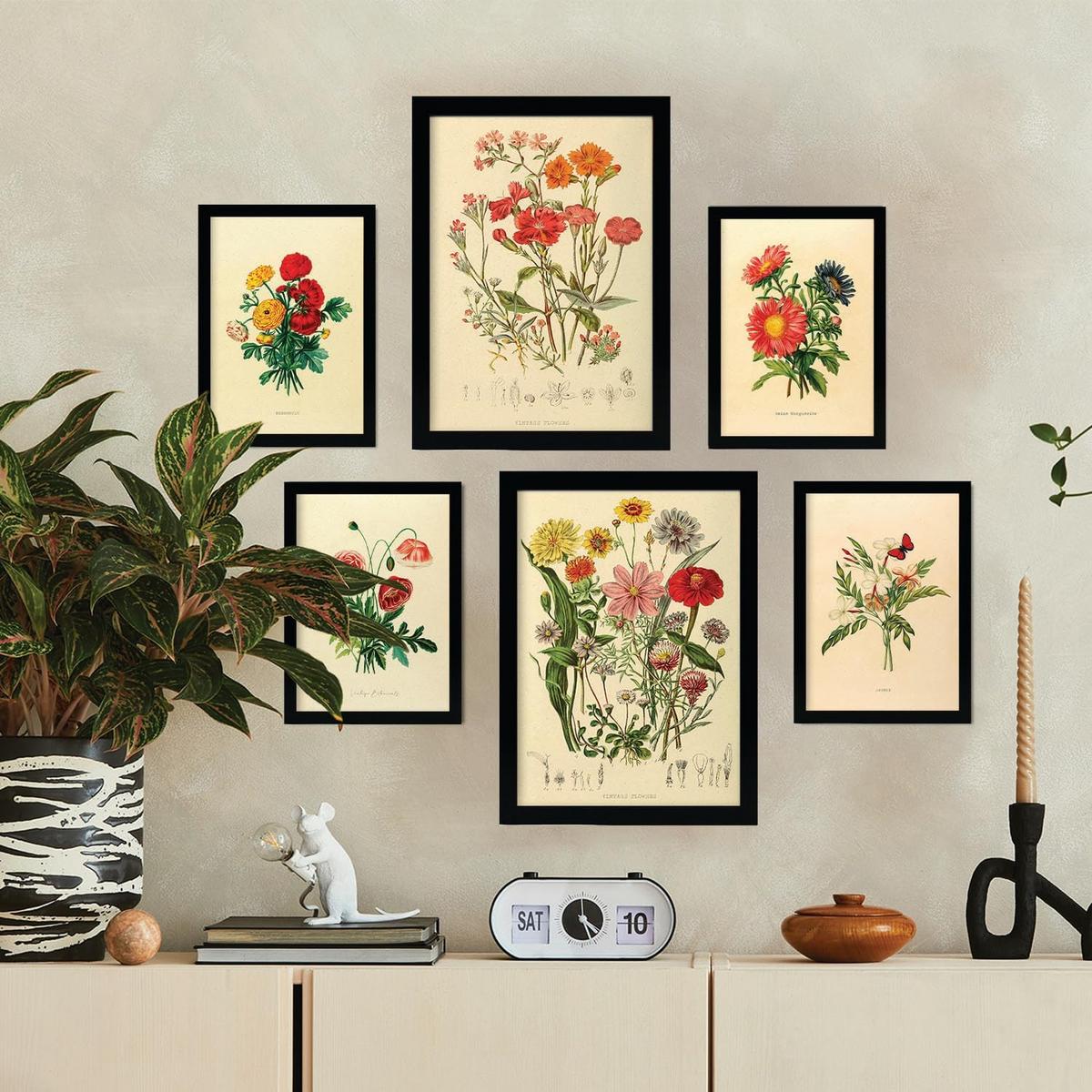 POSTER Set Mit 6 Blumensträuße 2 In Vintage A3 & A4 Schwarzer Rahmen - Schwarz, Papier (29/3cm) - Nacnic