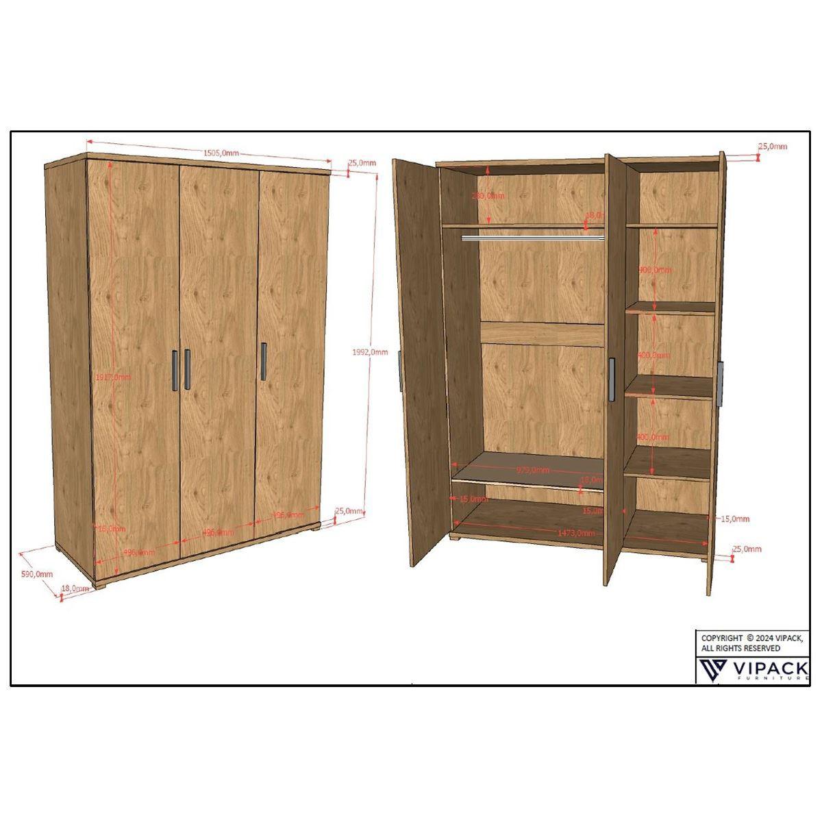 KLEIDERSCHRANK Keelia Eiche Melamin 3 trg Stauraum - Eichefarben, Kunststoff (151/199/59cm) - 58aufmkessel