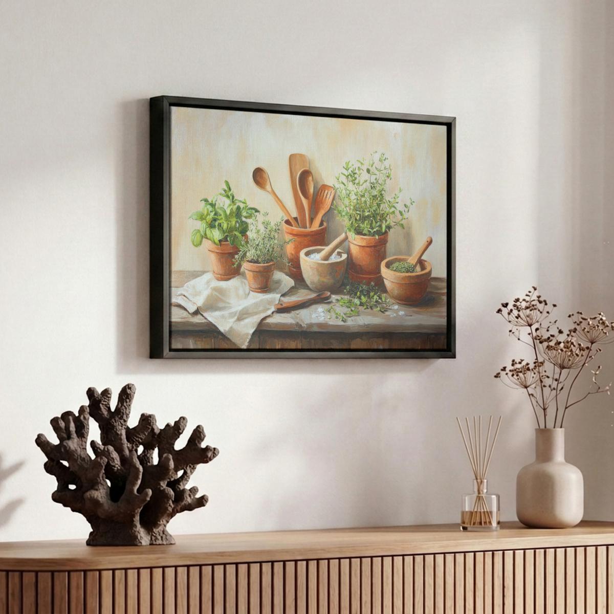 LEINWAND Bilder mit Rahmen - Töpfe - Kräuter - Holz - 30x20 - Terracotta, Textil (30/20cm) - MuchoWow