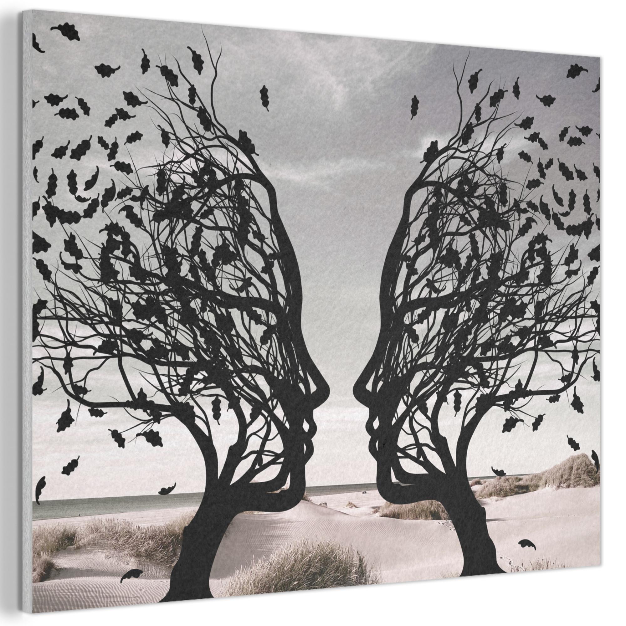 AKUSTIKBILD Strand - Meer - Menschen - Baum - Moderne Kunst Wanddeko 70x50 cm - Hellgrau, Kunststoff (70/50/0.9cm) - MuchoWow