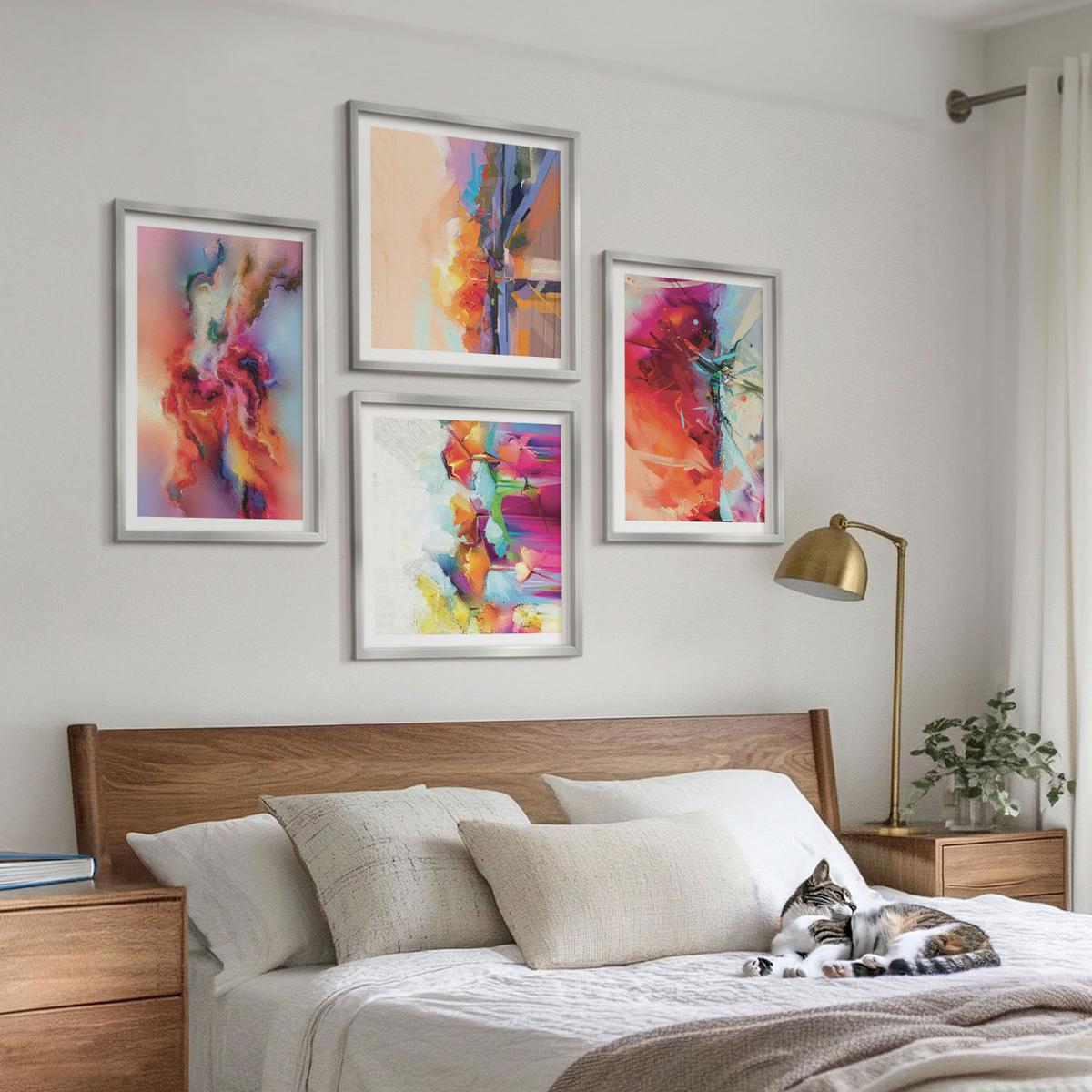 BILDER SET 4er Set - 50x50 cm & 40x60 cm Silberner Rahmen - Farbenfrohe Abstraktionen der Form - Silberfarben, Kunststoff (50/50cm) - TULUP