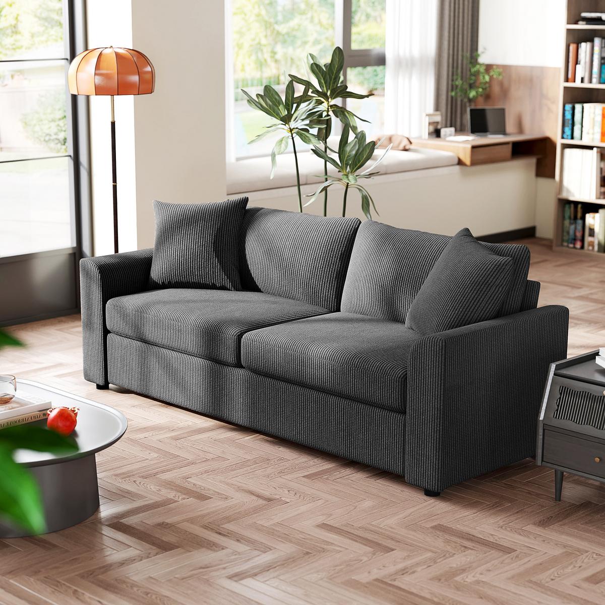 3-SITZER-SOFA, Couch mit Armlehnen, Zierkissen, Polstersofa mit Cordbezug, Grau - Dunkelgrau/Schwarz, Kunststoff/Textil (80/88/212cm) - HOMCOM