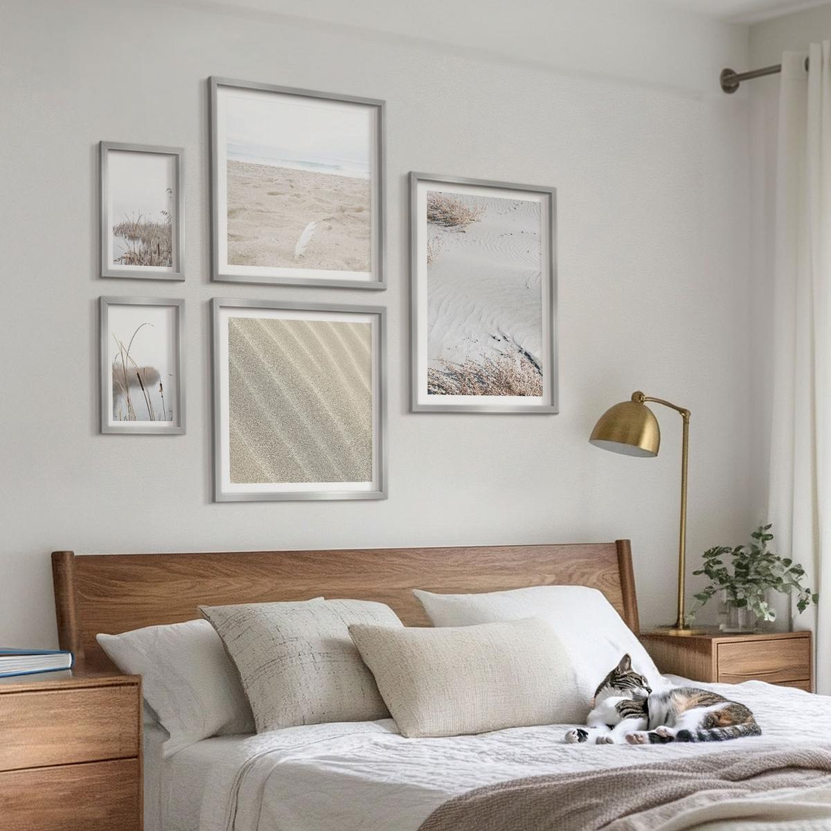 BILDER SET 5er Set - 50x50 cm & 20x30 cm & 40x60 cm Silberner Rahmen - Vegetation am Wasser im Sommer - Silberfarben, Kunststoff (40/60cm) - TULUP