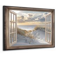 LEINWAND Bilder mit Rahmen - Ausblick - Strand - Dünen - Meer - Natur - 70x50 - Sandfarben, Textil (70/50cm) - MuchoWow