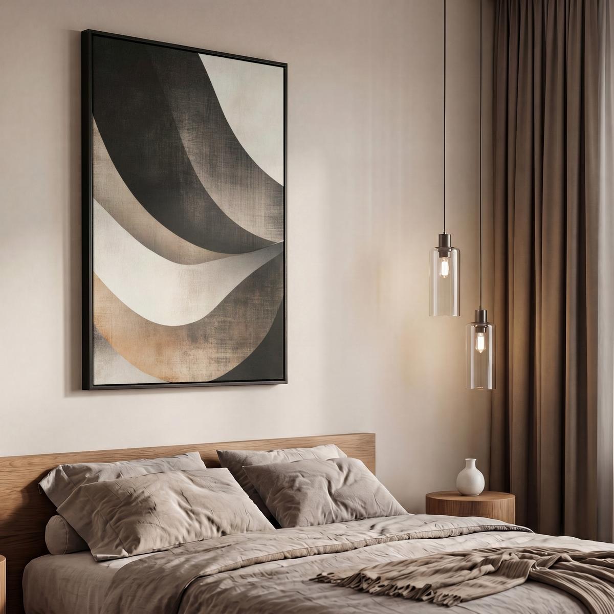 LEINWAND Bilder mit Rahmen - Abstrakt - Wellen - Schwarz - Verwittert - 60x90 - Trüffeleichefarben, Textil (60/90cm) - MuchoWow