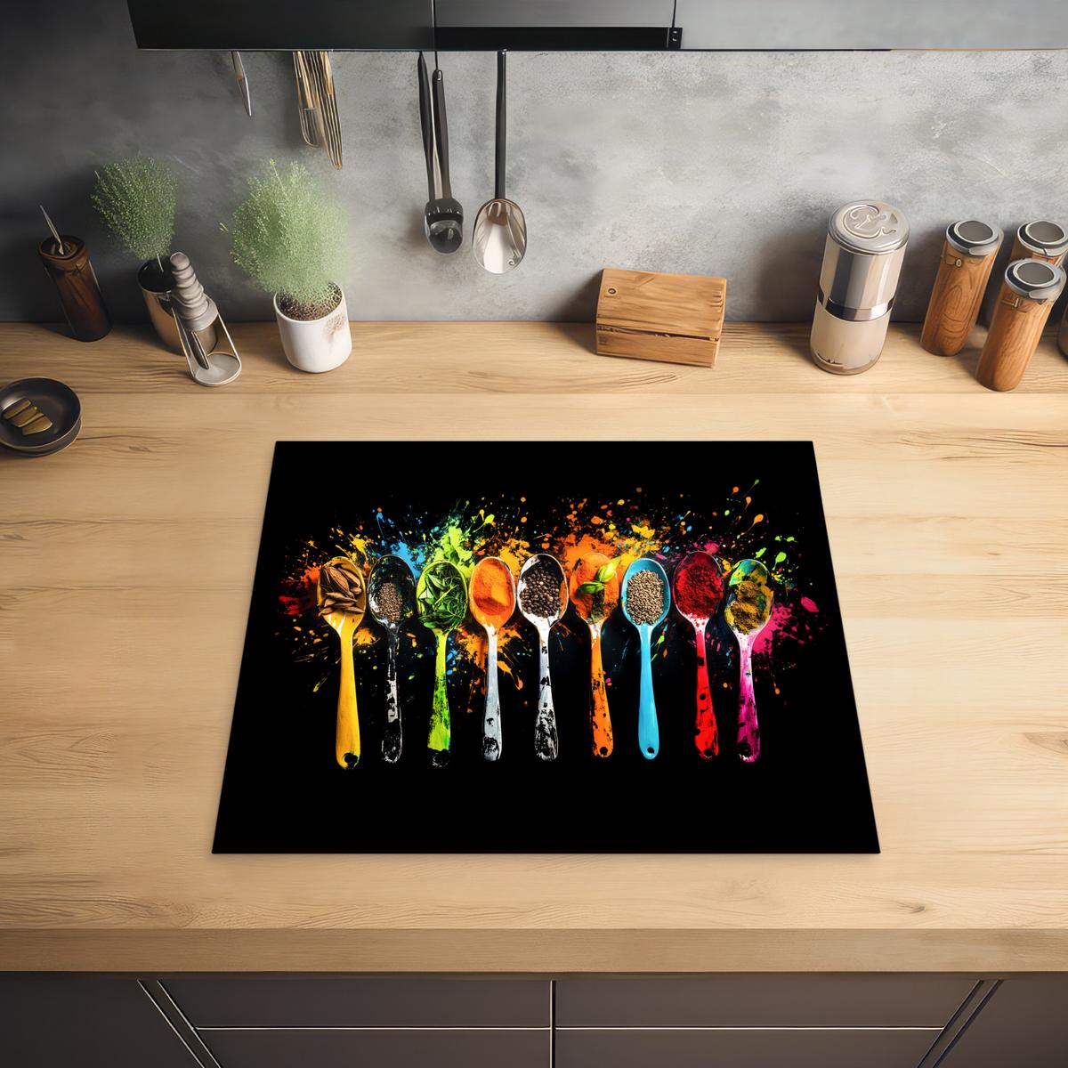 HERDABDECKPLATTE Löffel - Gewürze - Modern - Graffiti - Farbe - Farbenfroh Abdeckung Ceranfeld 57.6x51.6 cm - Multicolor, Kunststoff (57.6/51.6/0.2cm) - MuchoWow