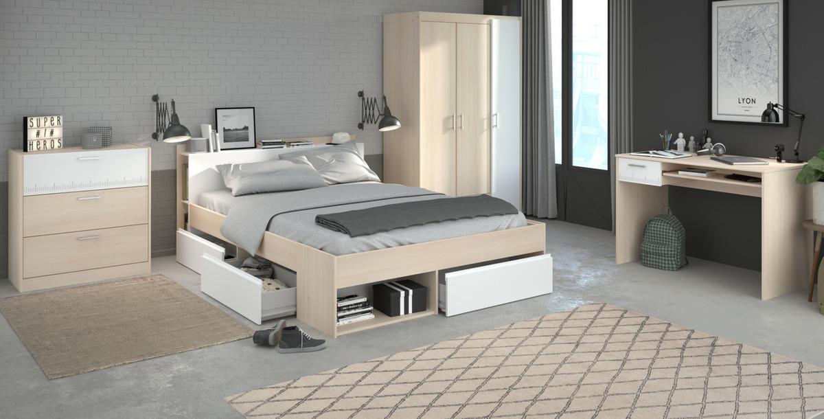 JUGENDZIMMER Set Kleiderschrank Kommode Schreibtisch Bett 140 cm - Silberfarben/Weiß, Holz/Holzwerkstoff (140/179/200cm) - Parisot Meuble