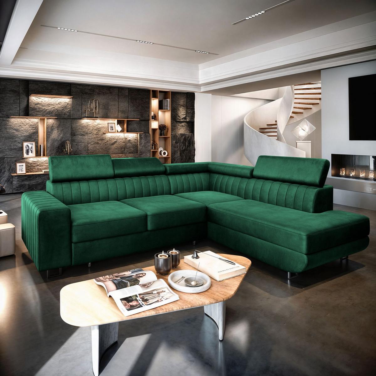 ECKSOFA NOLA R-S Grün Velours-Stoff mit Schlaffunktion - Silberfarben/Grün, Holz/Textil (253/190cm) - MASSENO