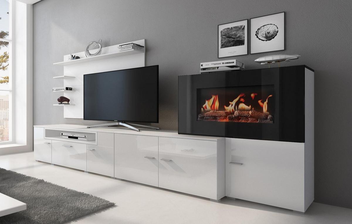 WOHNWAND mit Elektrokamin weiß, Hochweiß lackiert, 290/45/170cm - Weiß, Holzwerkstoff (290/170/45cm) - Skraut Home