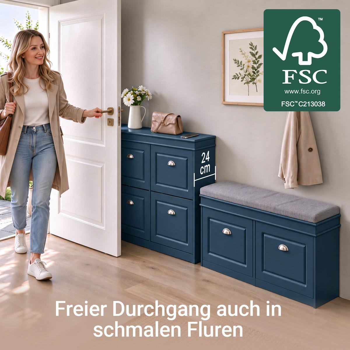 SCHUHSCHRANK blau, 104x83x24 cm, 4 Klappen für 16 Paar, bis EU 47, Schublade & Haken, bis 70 kg - Blau, Holzwerkstoff (104/83/24cm) - SoBuy