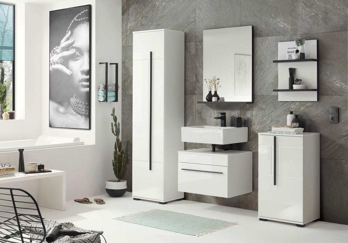BAD-HOCHSCHRANK weiß Hochglanz, Badschrank 45 x 200 cm mit viel Stauraum - Weiß Hochglanz/Schwarz, Holzwerkstoff/Kunststoff (45/200/35cm) - Furn.Design
