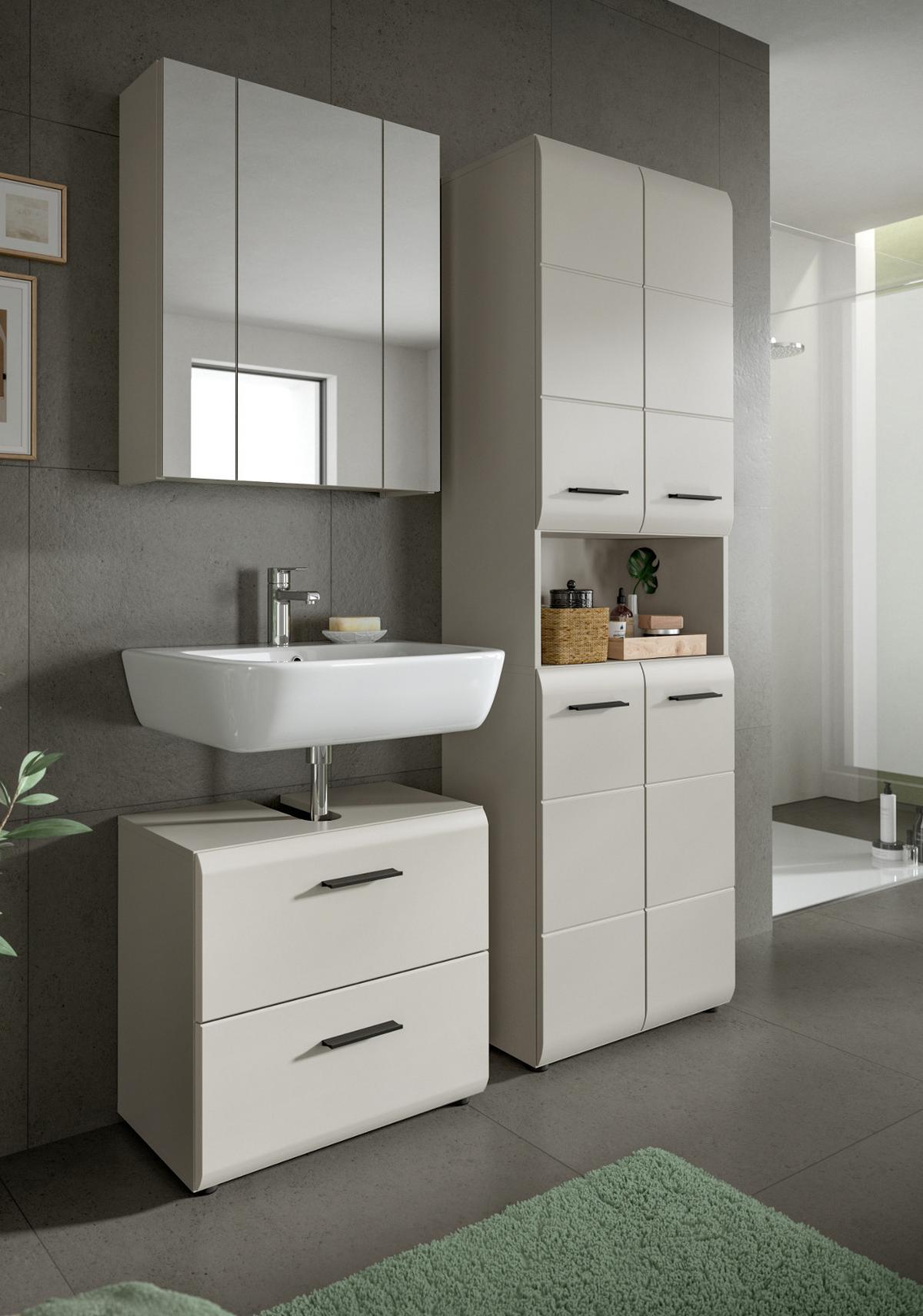 BADMÖBEL-SET Kaschmir 3-teilig 135 cm, Komplettset mit XL Hochschrank - Kaschmir/Schwarz, Glas/Holzwerkstoff (135/185/30cm) - Inn.Furn