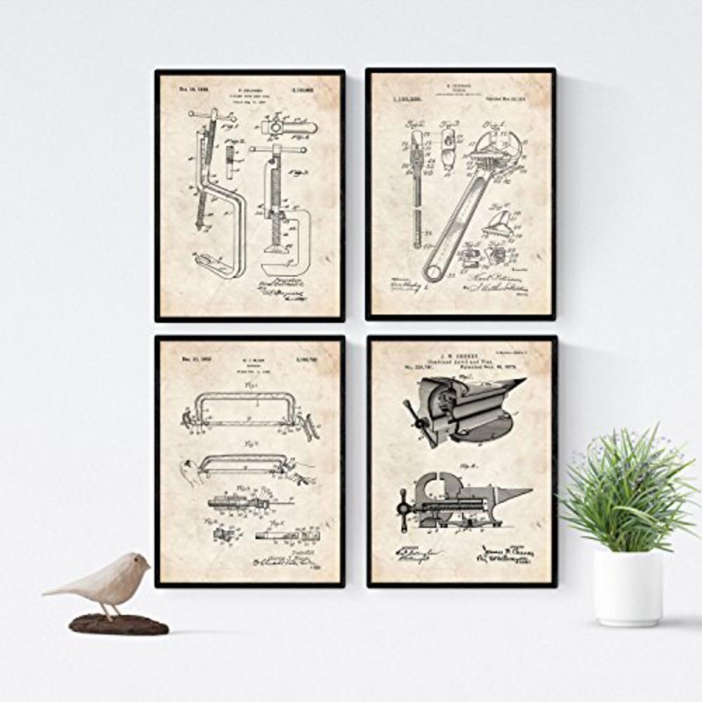POSTER Set mit 4 Jahrgang Patenten Werkzeuge 2 A4 Schwarzer Rahmen - Schwarz, Papier (29.7/3cm) - Nacnic