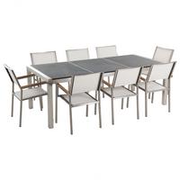 GARTENMÖBEL SET 8-Sitzer Naturstein schwarz geflammt Textilbespannung weiß Grosseto - Silberfarben/Weiß, Metall - Beliani