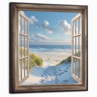 LEINWAND Bilder mit Rahmen - Aussicht - Strand - Fenster - Dünen - Meer - 90x90 - Hellblau, Textil (90/90cm) - MuchoWow