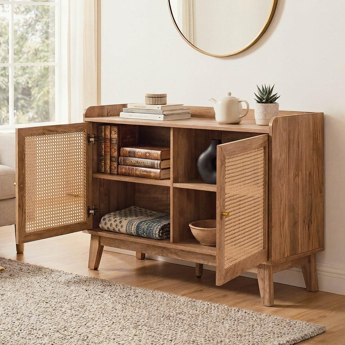 SIDEBOARD 2 Türen mit Rattan-Geflecht L110 cm - PALMO - Eschefarben, Holzwerkstoff (39/74.5/13cm) - Calicosy