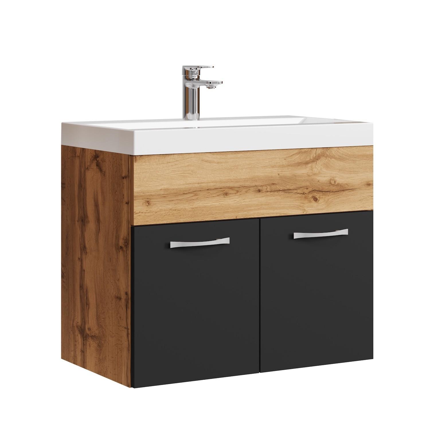 BADMÖBEL-SET Montreal 2 Teile Eiche / Schwarz - 60 x 35 x 51 cm - Eichefarben/Schwarz, Holz (60/51/35cm) - Badplaats