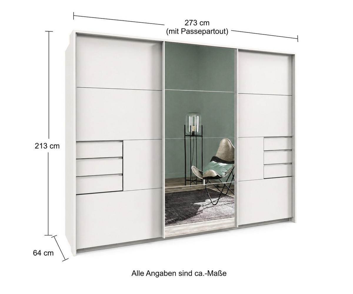 SCHWEBETÜRENSCHRANK 3-türig B273/H213/T64 cm, Weiß/Spiegel, Passepartout-Kleiderschrank mit Schubladen & Vollausstattung / 22619 - Weiß, Holzwerkstoff/Metall (273/213/64cm) - luma-home