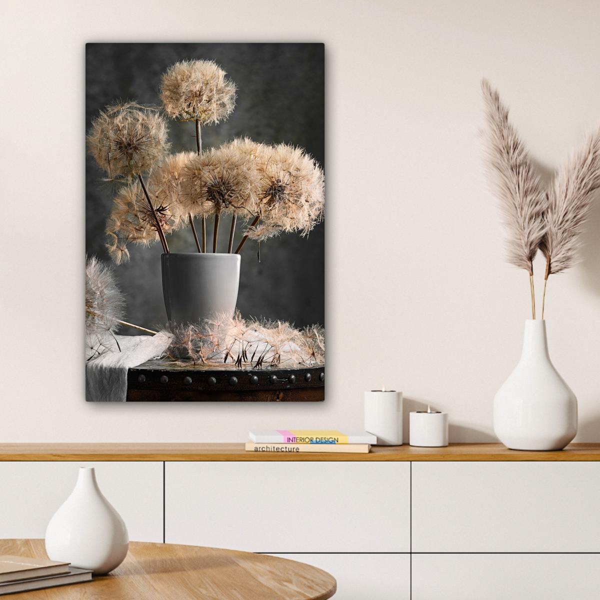 LEINWANDBILD Blumensamen - Löwenzahn - Vase - Stilleben - Blumenstrauß Wanddeko Schlafzimmer 60x90 cm - Dunkelgrau, Textil (60/90cm) - MuchoWow