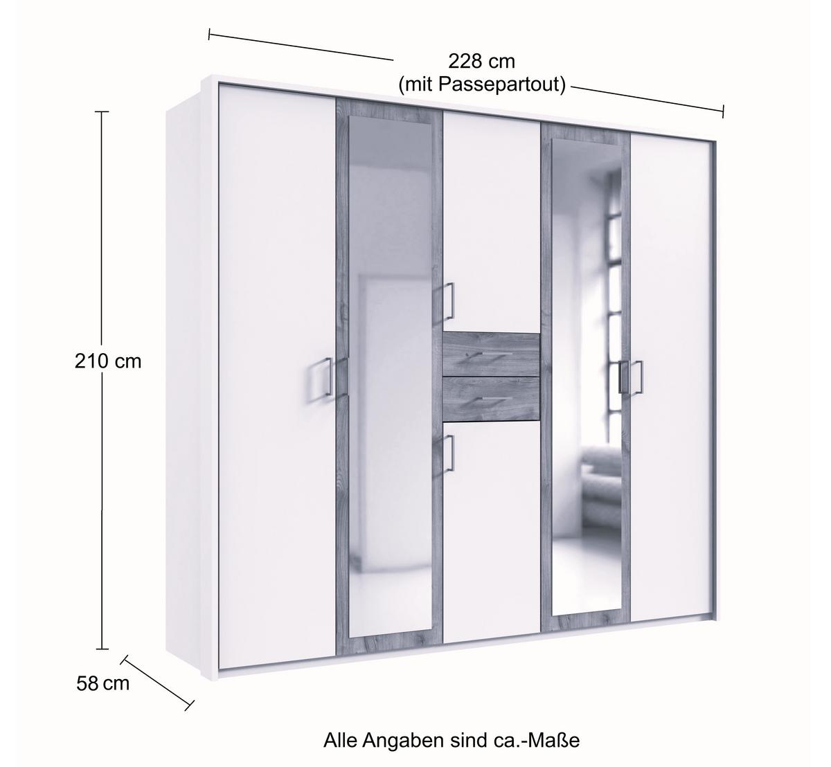 DREHTÜRENSCHRANK Kleiderschrank B228/H210/T58 cm mit Passepartout, Schubkästen & 2 Spiegeltüren, Eiche Dekor mit Absetzungen in Grafit / 22600 - Eichefarben/Silberfarben, Holzwerkstoff/Kunststoff (228/210/58cm) - luma-home