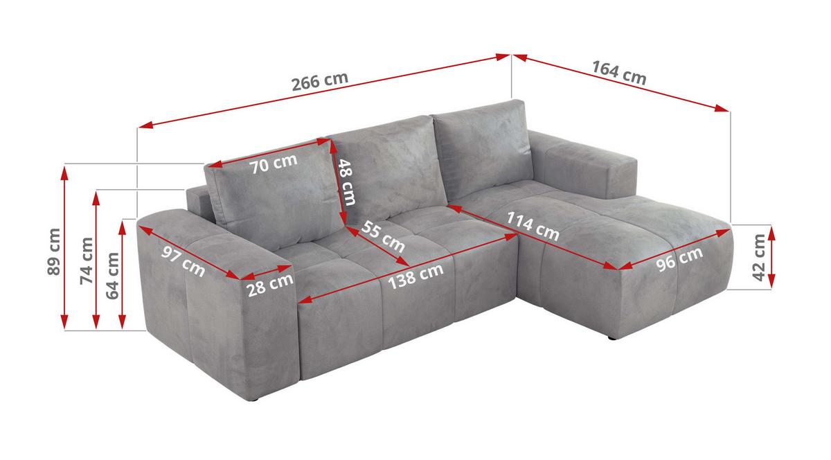 ECKSOFA MONIVA Hellgrau Velvet - Rechts - Hellgrau/Schwarz, Textil (266/164cm) - MKS
