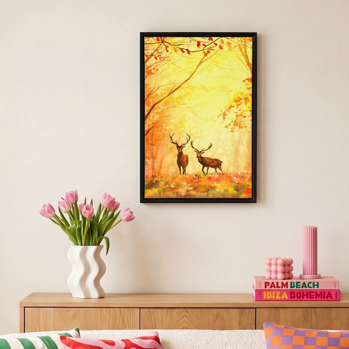 LEINWAND Bilder mit Rahmen - Natur - Ölfarbe - Hirsche - Tiere - Herbst - Orange - 20x30 - Orange, Textil (20/30cm) - MuchoWow