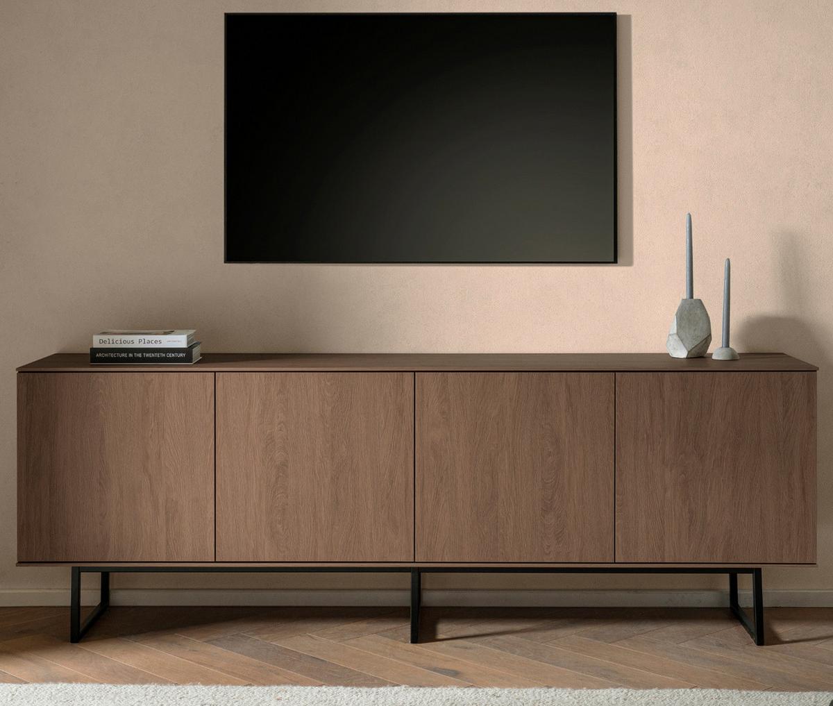 TV-LOWBOARD Nussbaum 200 x 70 cm, TV Unterteil mit Push-to-Open und Komforthöhe - Nussbaumfarben/Schwarz, Holzwerkstoff/Metall (200/70/40cm) - Furn.Design