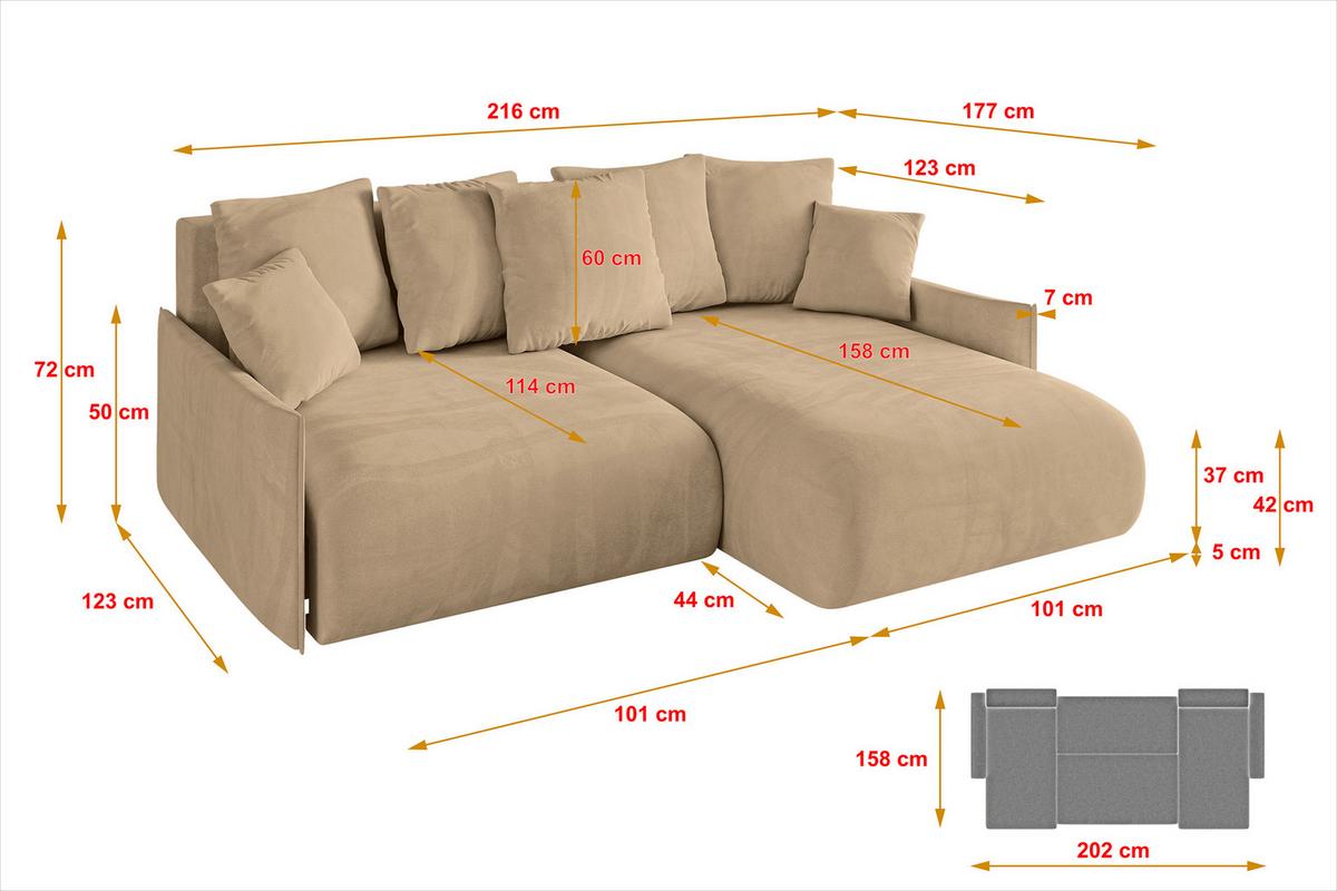 ECKSOFA Ottomane rechts ONESK-L-v1 216x177x72 Grün Velours - Beige, Holzwerkstoff/Kunststoff (177/216cm) - ALTDECOR