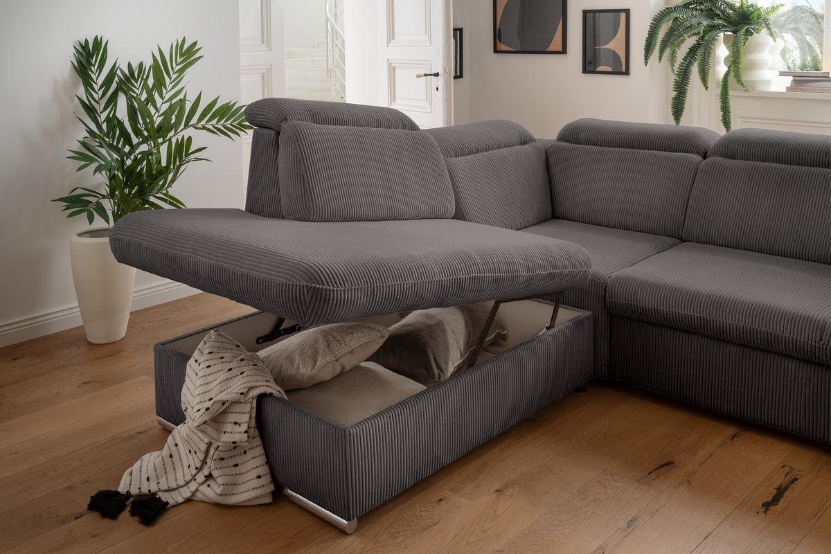 ECKSOFA mit Schlaffunktion, Bettkasten, Kopfstützen verstellbar, Wellenunterfederung, Ottomane links B283/T228/H102 cm, Cord Dunkelgrau / 17219 - Chromfarben/Dunkelgrau, Textil/Metall (283/228cm) - luma-home
