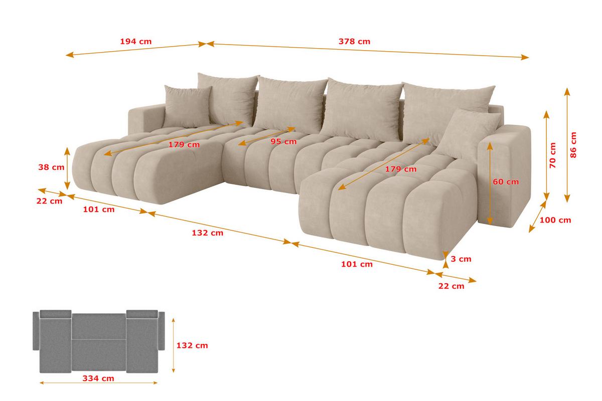WOHNLANDSCHAFT mit Schlaffunktion und Bettkasten MILA-U-v1 378x194x86 Beige Velours - Schwarz/Sahara, Holzwerkstoff/Kunststoff (378/86/194cm) - ALTDECOR