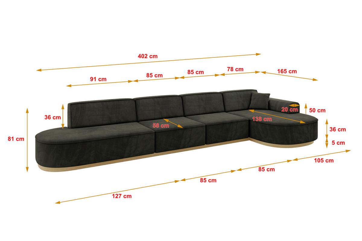 ECKSOFA Ottomane Rechts MARI-L3-v2 - 413x171x83 cm Schwarz Velours - Schwarz, Holzwerkstoff/Textil (171/413cm) - ALTDECOR