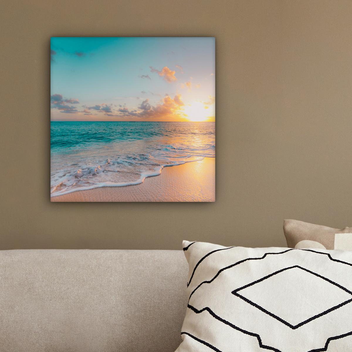 LEINWANDBILD Sonnenuntergang - Strand - Meer - Sommer - Blau Deko Wohnzimmer 20x20 cm - Multicolor, Textil (20/20cm) - MuchoWow