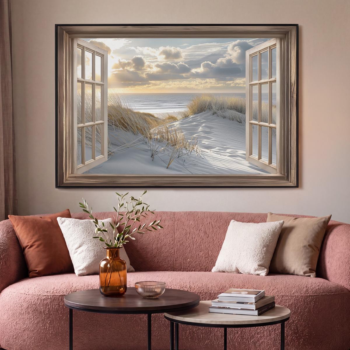 LEINWAND Bilder mit Rahmen - Ausblick - Strand - Dünen - Meer - Natur - 140x90 - Sandfarben, Textil (140/90cm) - MuchoWow