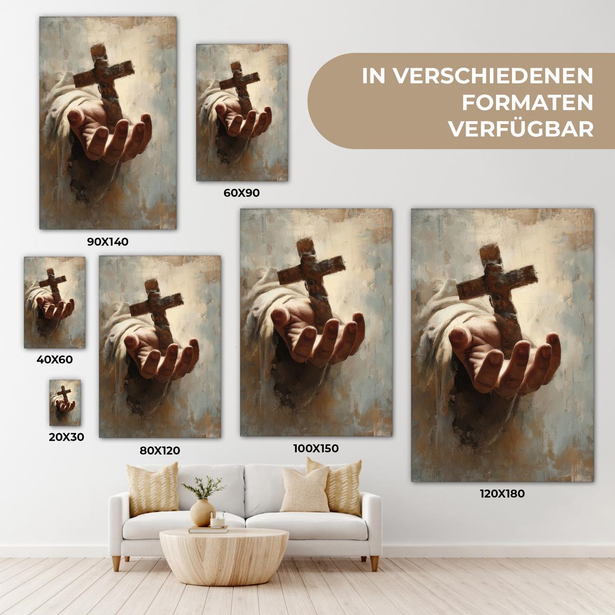 LEINWANDBILD Abstrakt - Kreuz - Hand - Christentum Wanddeko Schlafzimmer 60x90 cm - Hellbraun, Textil (60/90cm) - MuchoWow