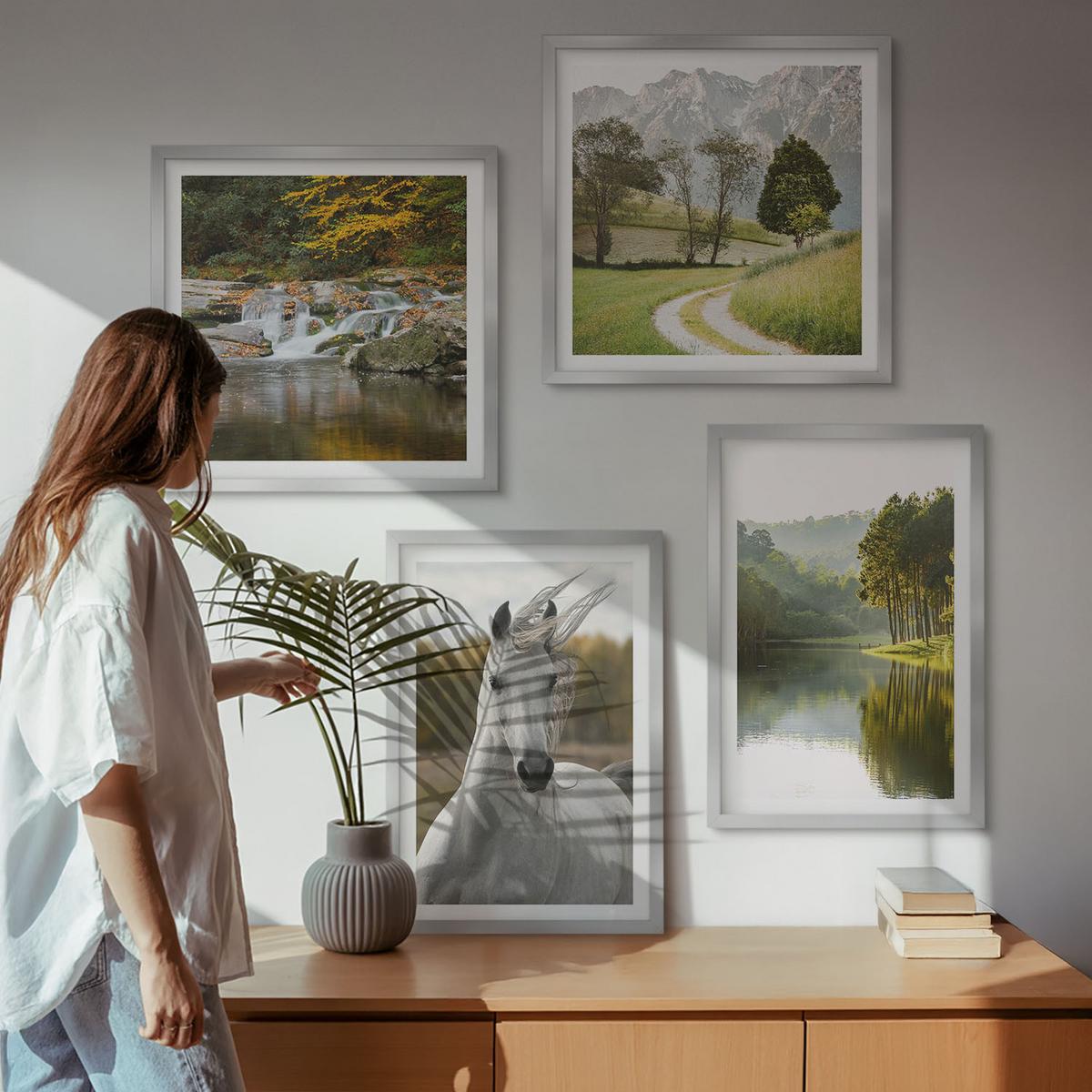 BILDER SET 4er Set - 50x50 cm & 40x60 cm Silberner Rahmen - Natur des Flusses White Horses - Silberfarben, Kunststoff (50/50cm) - TULUP