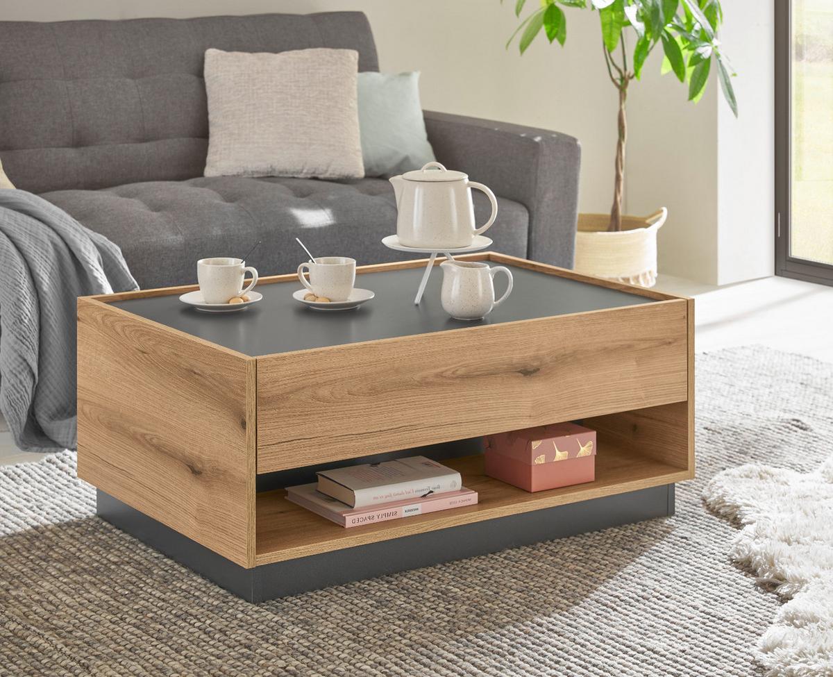 COUCHTISCH Evoke Eiche, grau 90 x 60 cm, Wohnzimmertisch mit Stauraum - Eichefarben/Schwarz, Holzwerkstoff/Metall (90/60/38cm) - Furn.Design
