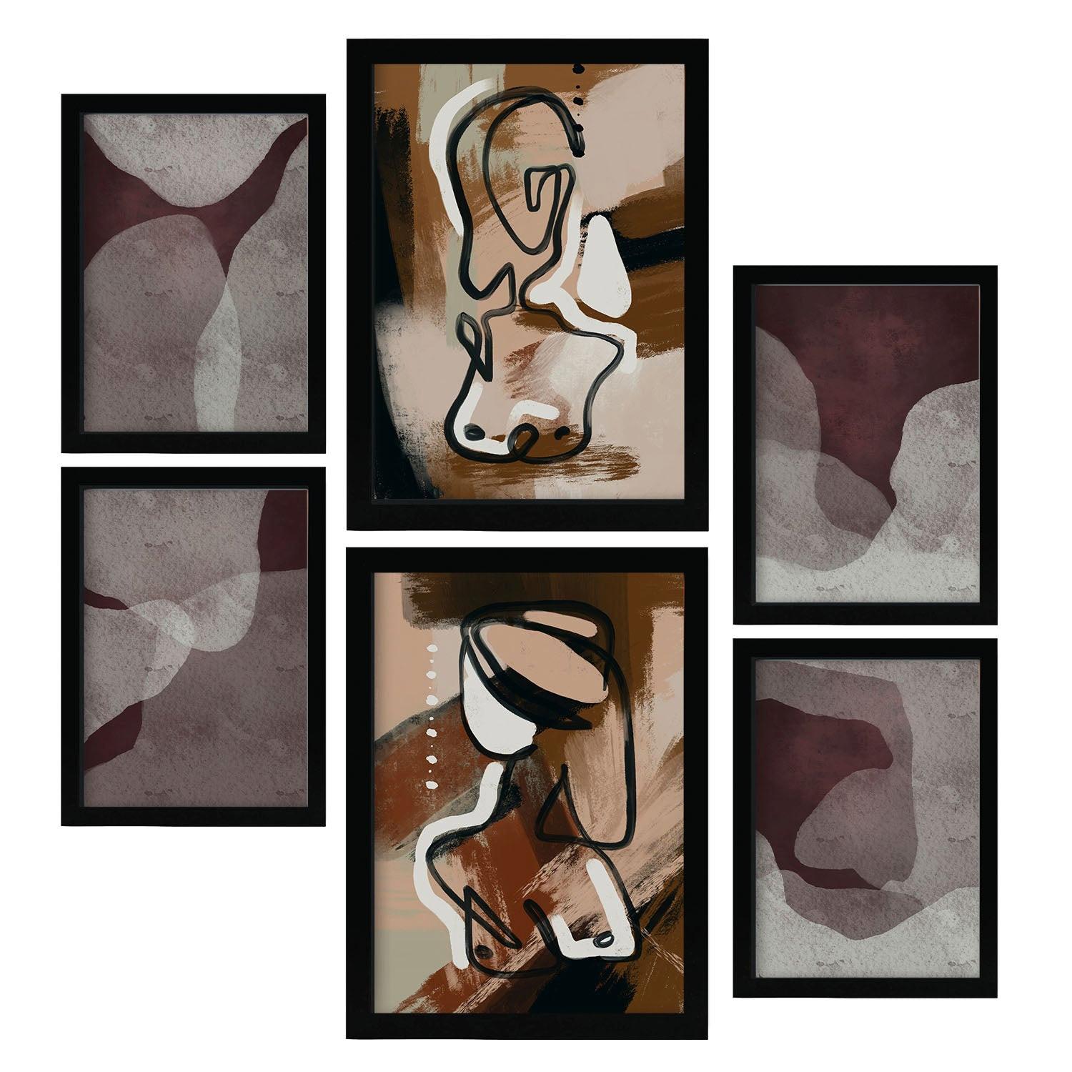 POSTER Set Mit 6 Nachkommenskunst In Weibliche Zusammenfassung Ästhetische Dekorative Gemälde Für Ihr Wohnzimmer Zuhause A3 & A4 Schwarzer Rahmen - Schwarz, Papier (29/3cm) - Nacnic