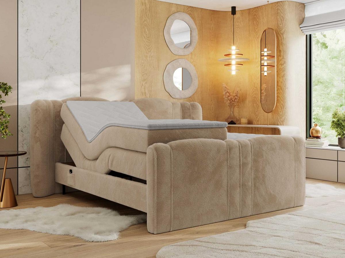 BOXBETT FORTINA 160/200 - Beige Plüsch - H3 - Beige, Holz/Textil (160/200cm) - MKS