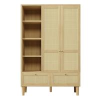 KLEIDERSCHRANK in eichenoptik mit rattan, offene regale, 2 schubladen und kleiderstange - Eichefarben, Holz (120/180/50cm) - Urban Meuble