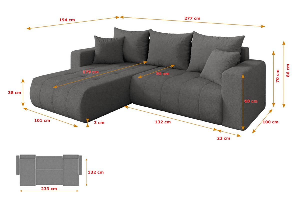 ECKSOFA mit Schlaffunktion Ottomane Links MILA-L 277x194x86 Grau Bouclé - Schieferfarben/Schwarz, Holzwerkstoff/Kunststoff (277/194cm) - ALTDECOR