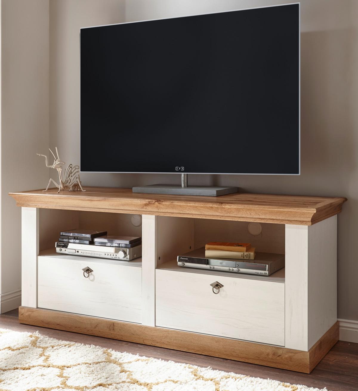 TV-LOWBOARD weiß Pinie, Eiche 150 cm, Landhaus TV Unterschrank mit Komforthöhe - Silberfarben/Eiche Wotan, Holzwerkstoff/Metall (152/64/52cm) - Furn.Design